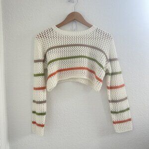 Musera Cropped Pullover Sweater Womens S White Crochet Striped‎ Festival Beachy